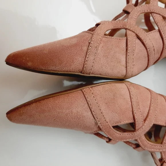 Design Lab by LORD & TAYLOR Sarie Lace-Up Pointy Toe Heels Vegan Suede Pink Sz 8 - Picture 14 of 16